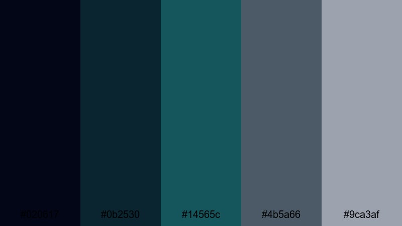 deep current cinema blue green gray color palette with hex codes