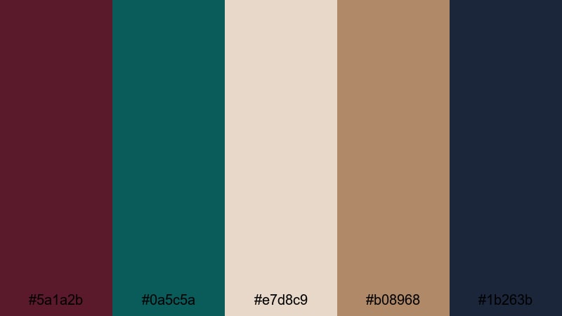 deep ember lagoon burgundy teal color palette with hex codes