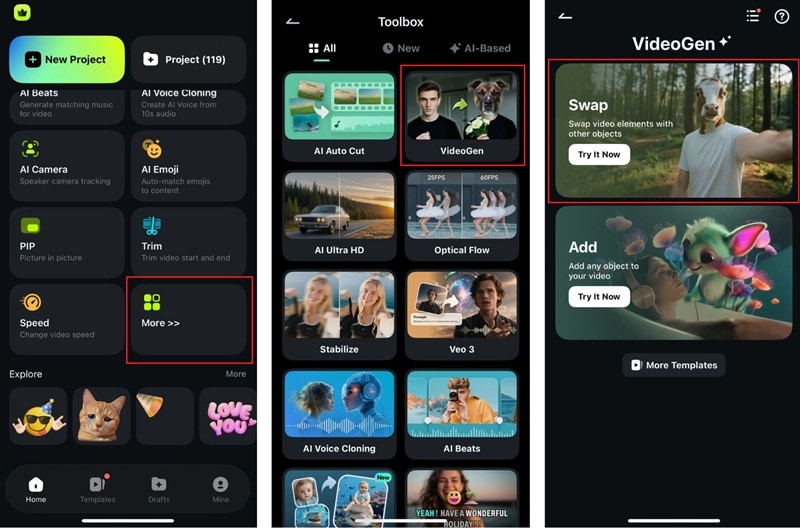 open swap feature in filmora app