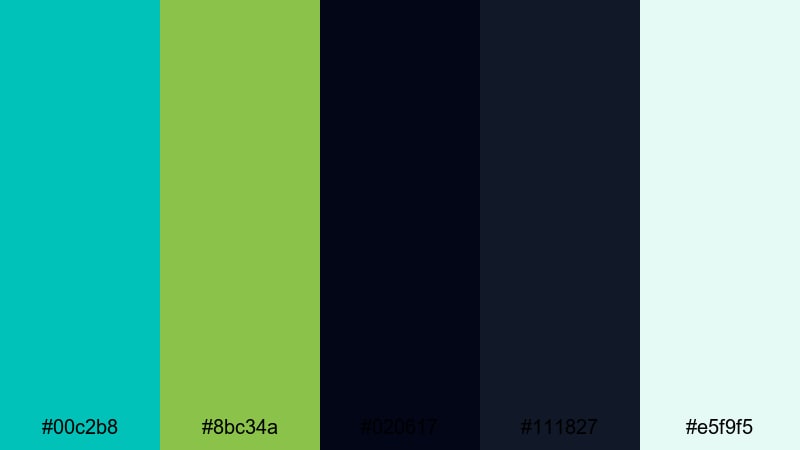 deep tidal noir turquoise lime green color palette with hex codes