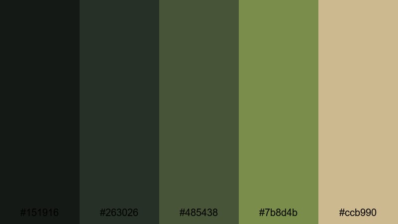 deep woodland spotlight brown green color palette with hex codes