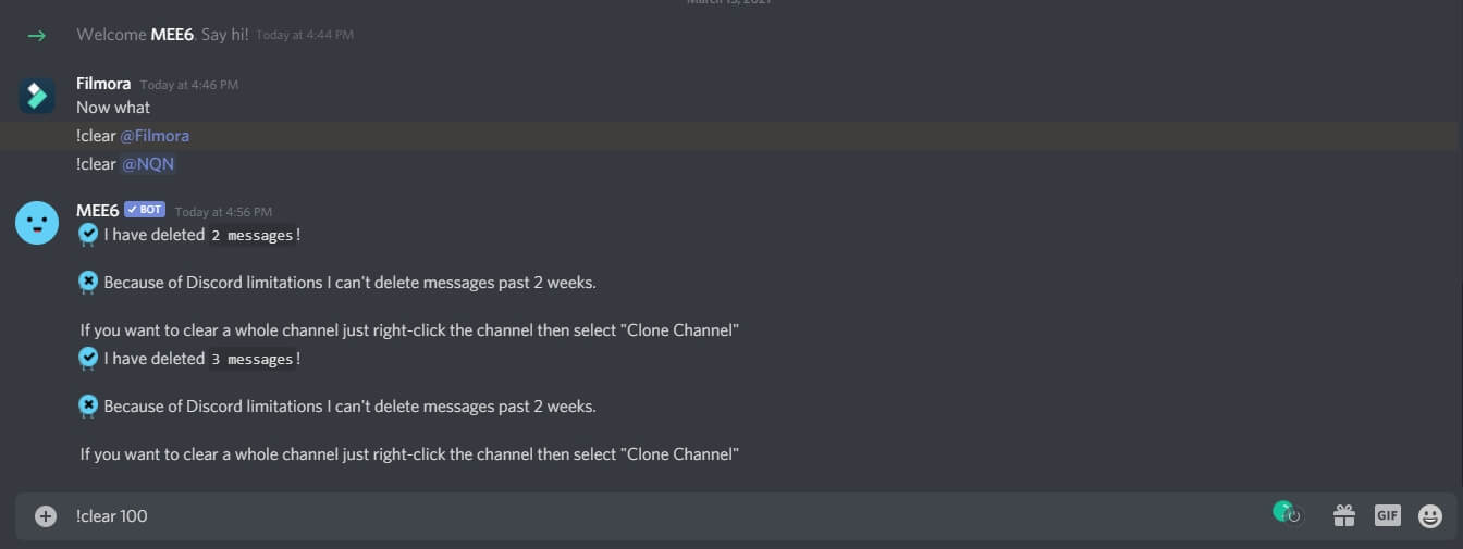 delete discord channel message with MEE6 Bot  