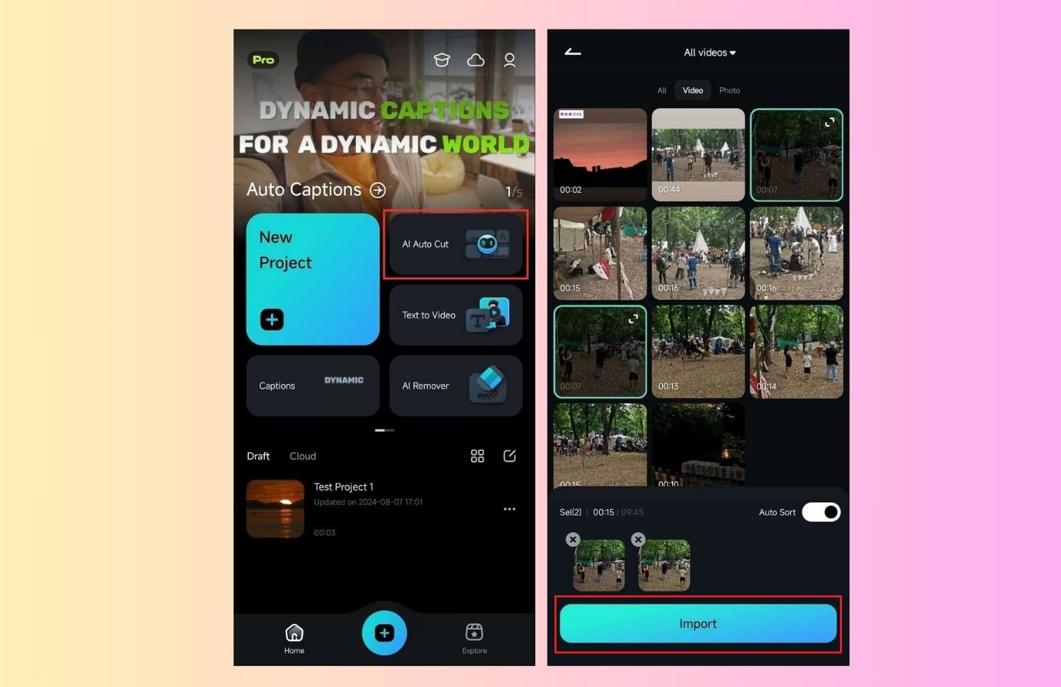 select ai reel maker and import clips