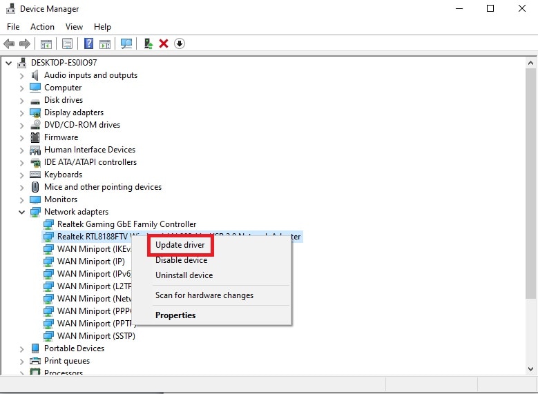 device manager update network driver