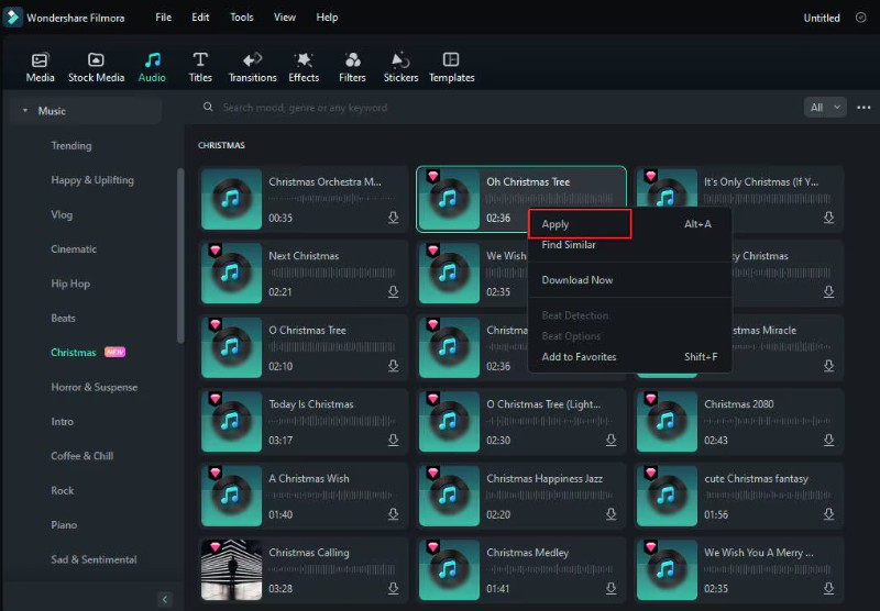 filmora built-in music library