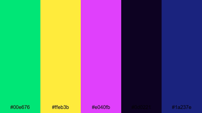 digital neon grid green yellow purple color palette with hex codes