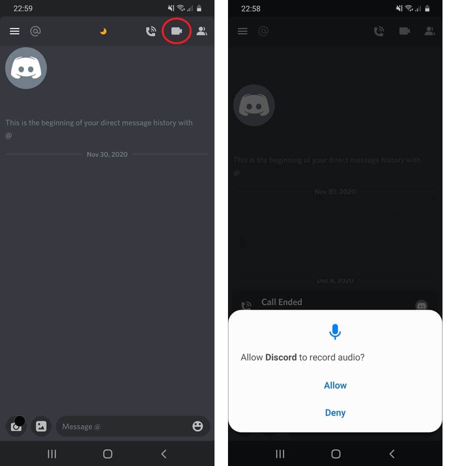 Interfaz de videollamada de Discord en el móvil 