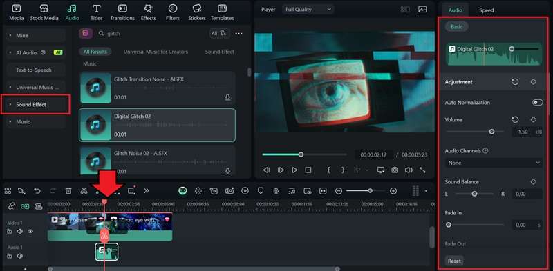 add glitch sound effect in filmora