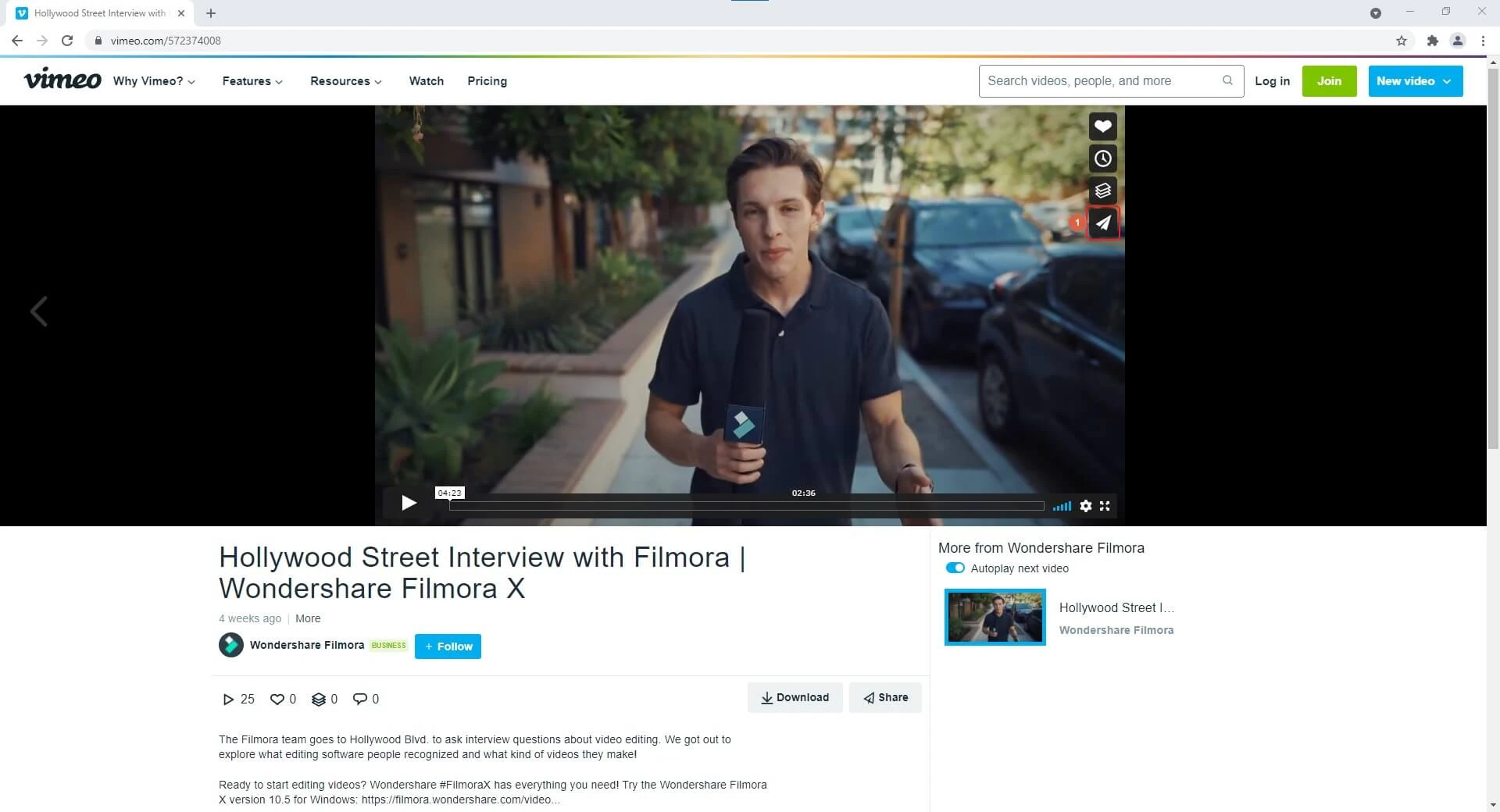 Compartilhamento do player de vídeo do Vimeo