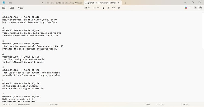 open the subtitles file in notepad