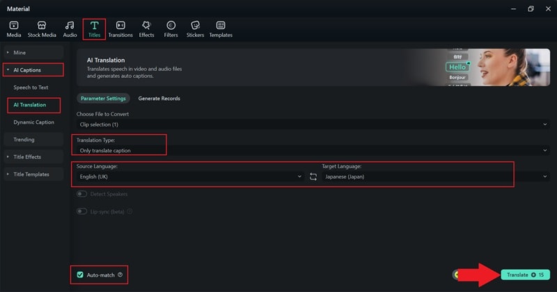 translate your subtitles using filmora ai