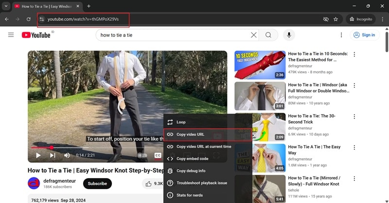 copy youtube video url