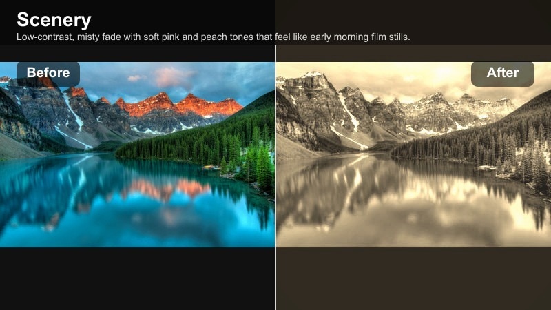 Misty sunrise over mountains with soft faded film look