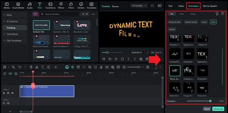 text editing panel filmora