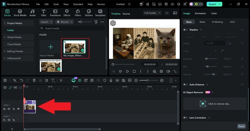photo modifiée affichée sur la timeline