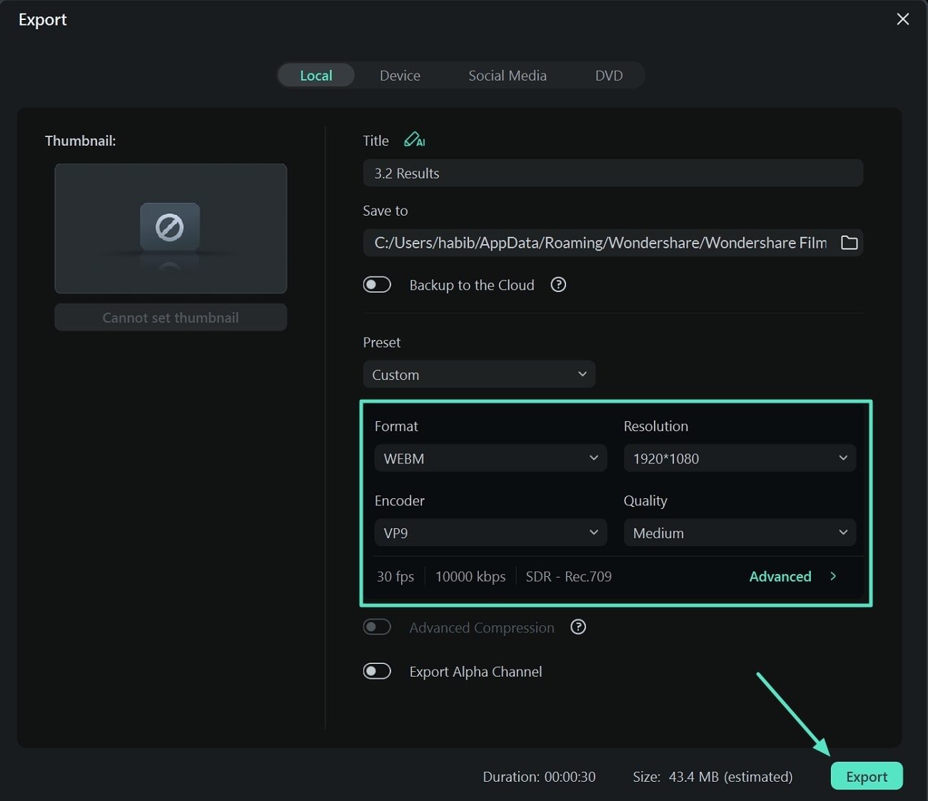 define export settings webm