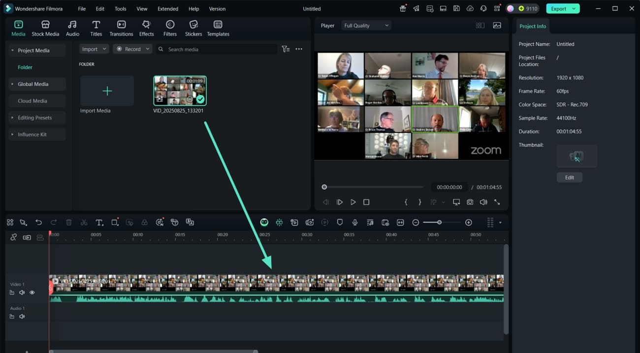 drag recorded meeting to timeline