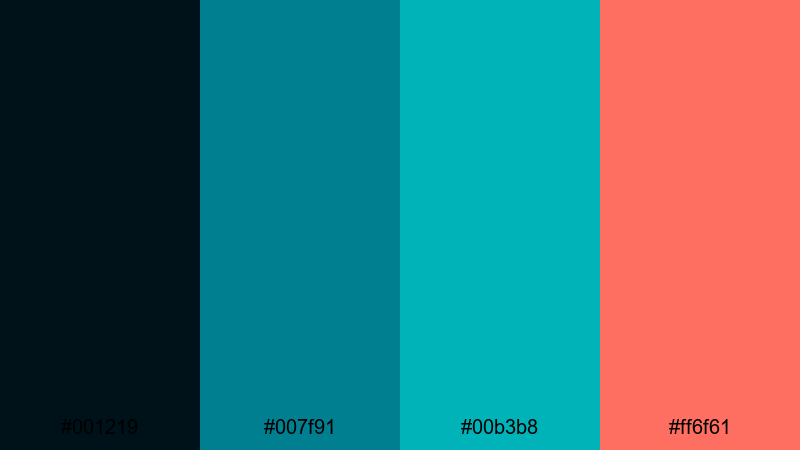 electric coral current green blue color palette with hex codes