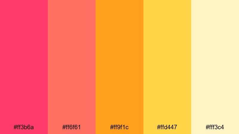 electric coral fiesta pink yellow orange color palette with hex codes