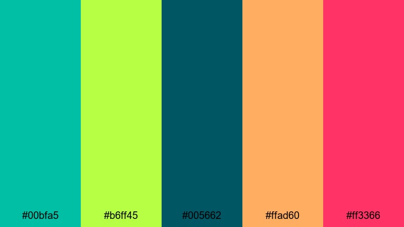 electric island sunset teal lime green color palette with hex codes