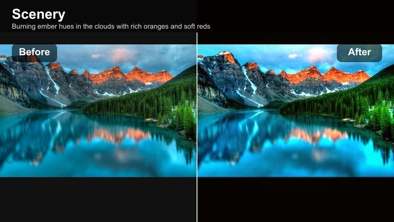 Orange and red ember-like clouds at sunset over a landscape