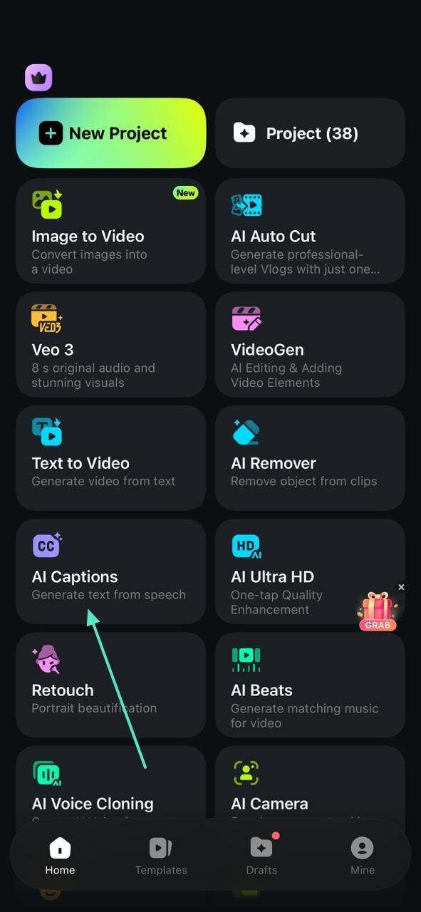 select ai caption tab
