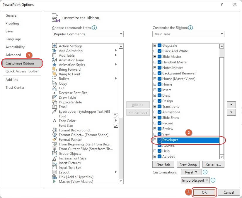 activa la opción de programador de powerpoint