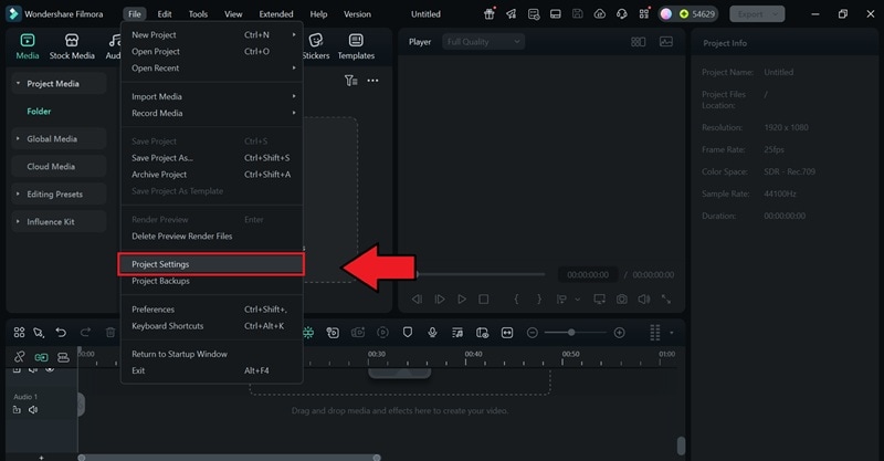 adjust project settings in filmora