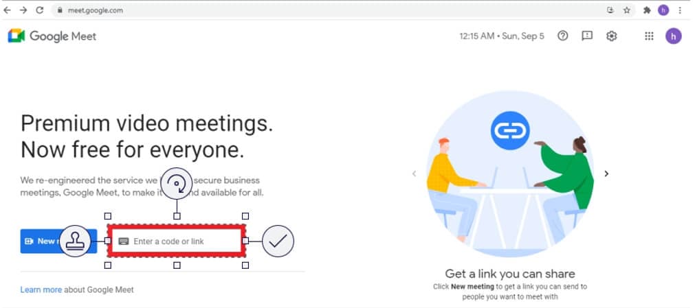 saisir le lien pour accéder à google meet