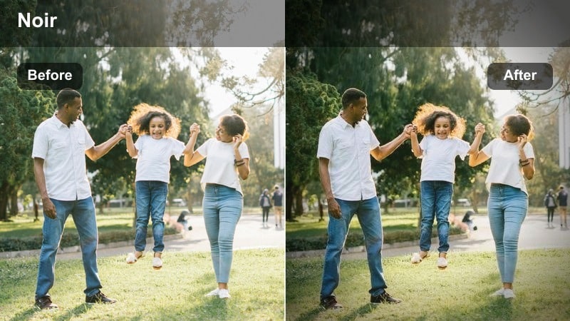 Moody caf&eacute; evening scene with matte blacks and low saturation using a noir-style vlog filter.