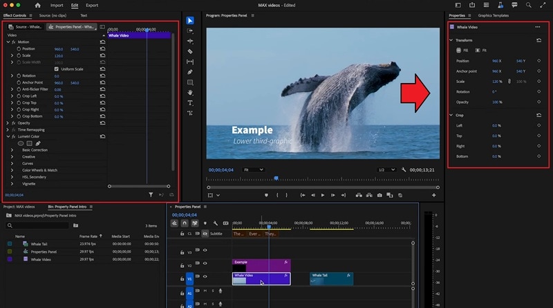 properties panel in premiere pro