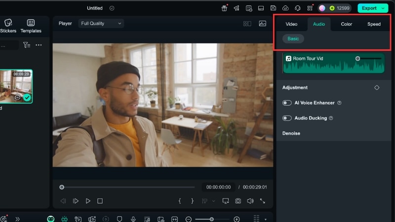 open the audio tab in filmora