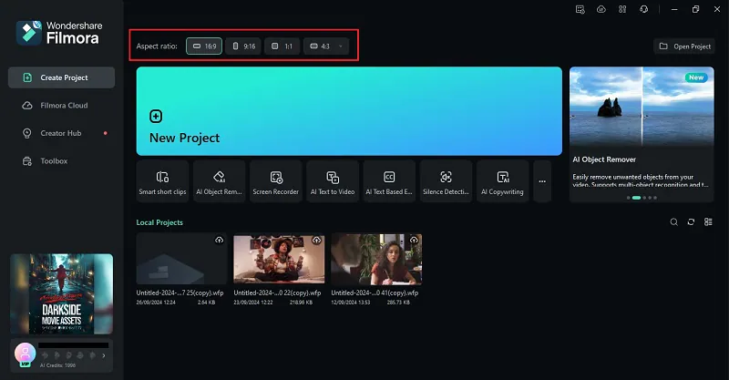 open filmora, select ratio, and create new project