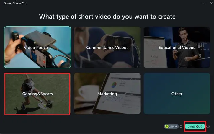 choose video type for smart scene cut