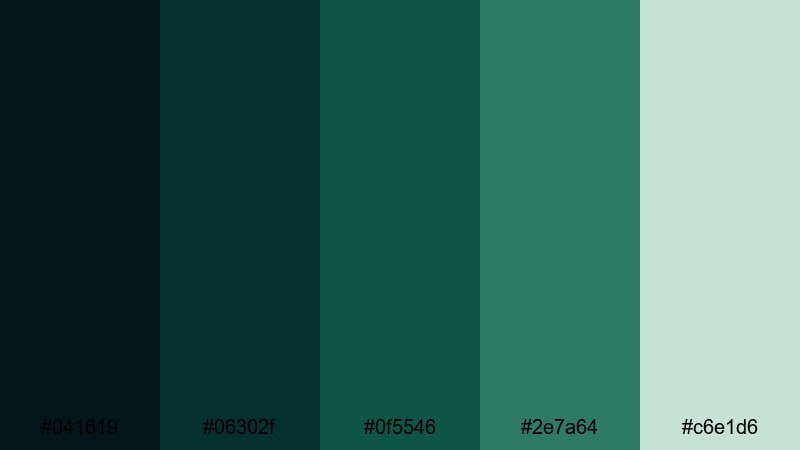 evergreen fjord mist blue dark green color palette with hex codes