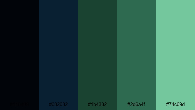 evergreen nightfall black blue green color palette with hex codes