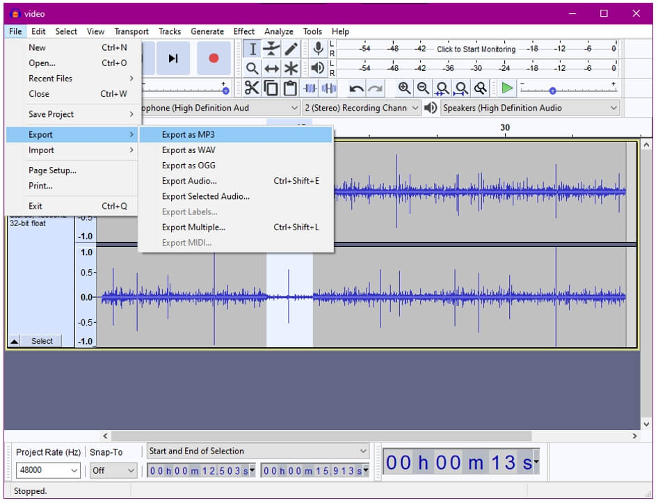 Audacity export without noise
