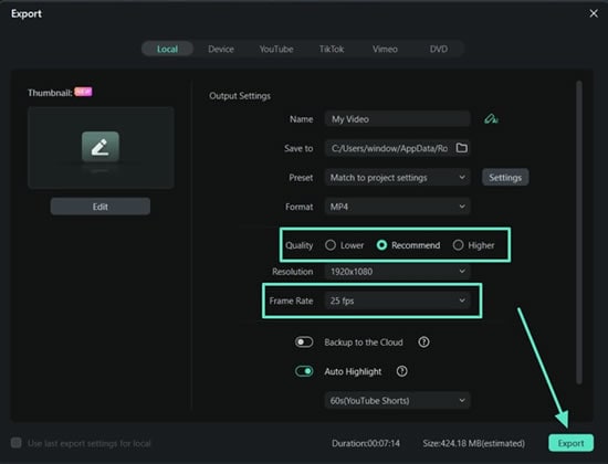 export in defined video quality