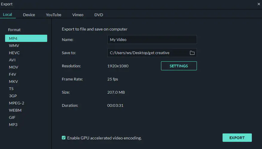 Opções de exportação para Filmora9