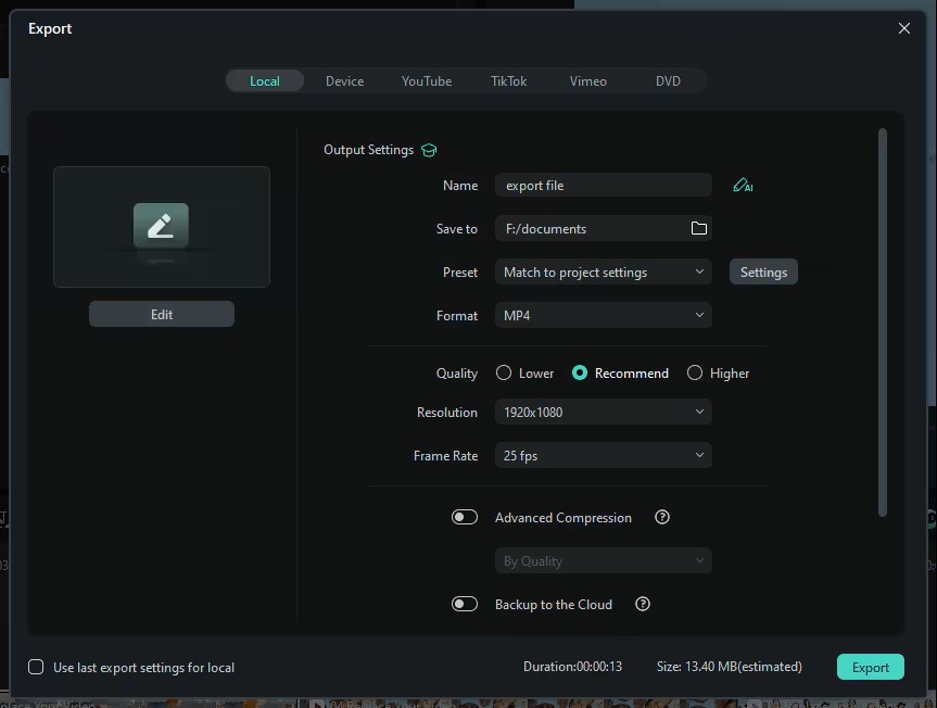 Filmora batch export and cloud sync interface.