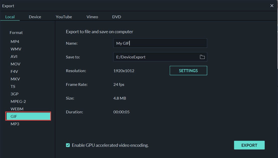 export your video as gif