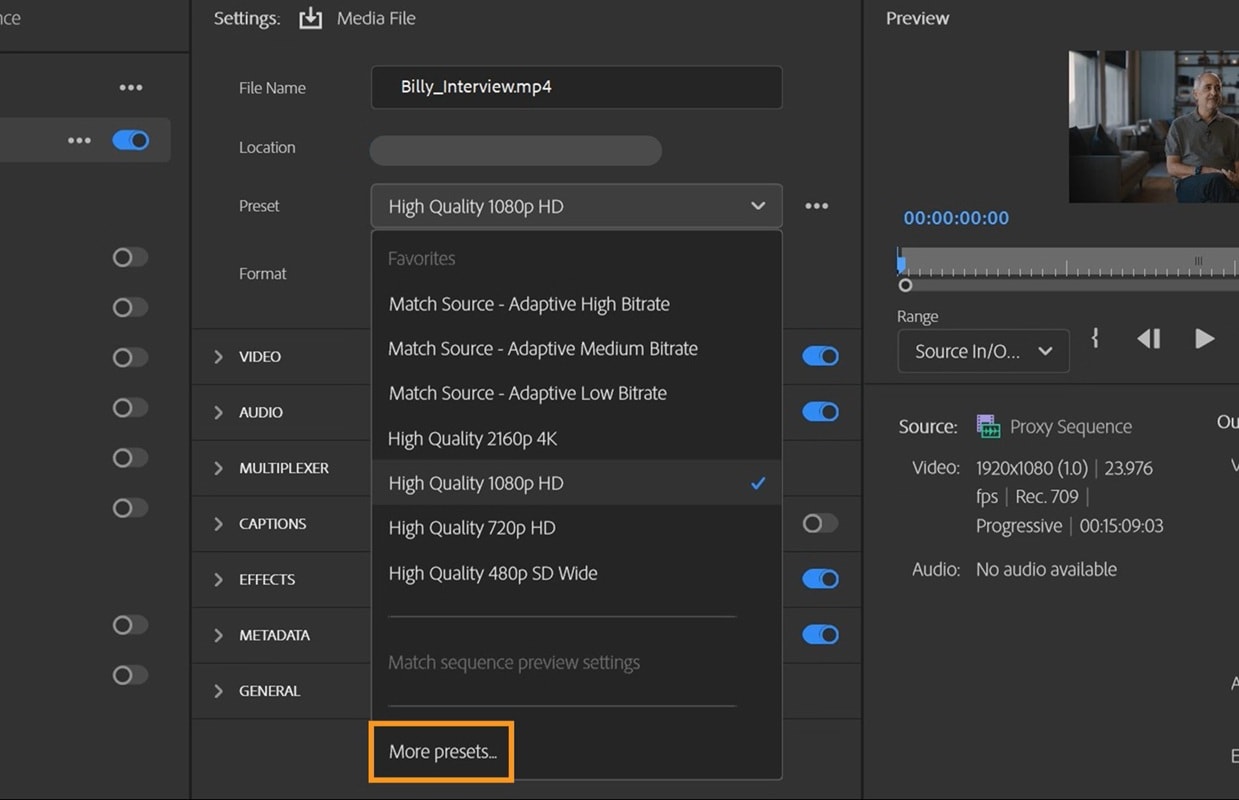 set the preset premiere pro