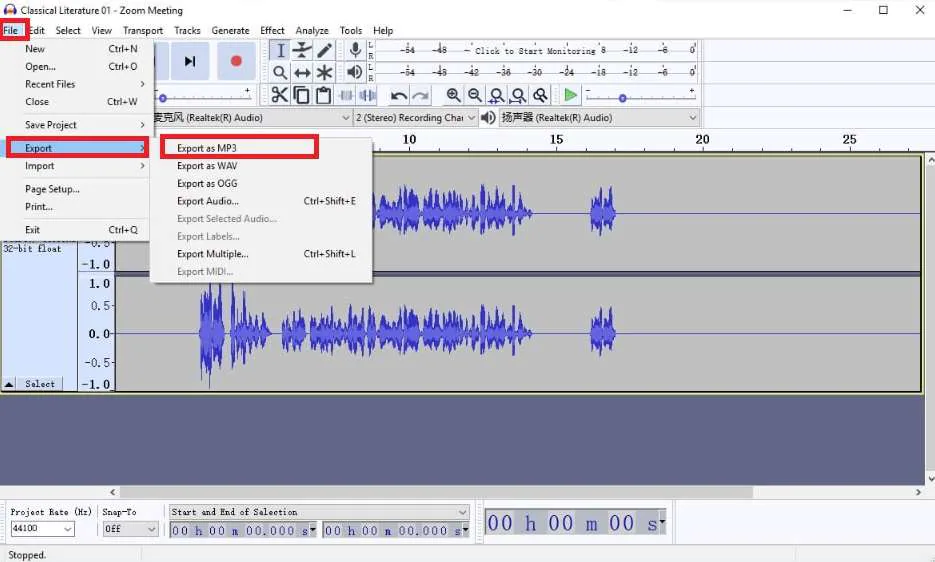 option d'exportation au format mp3 dans audacity 