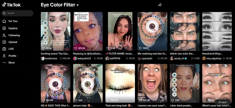 tiktok website interface eye color filter
