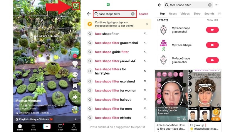 search for the face shape filter