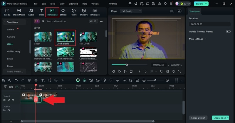 add transitions in between clips