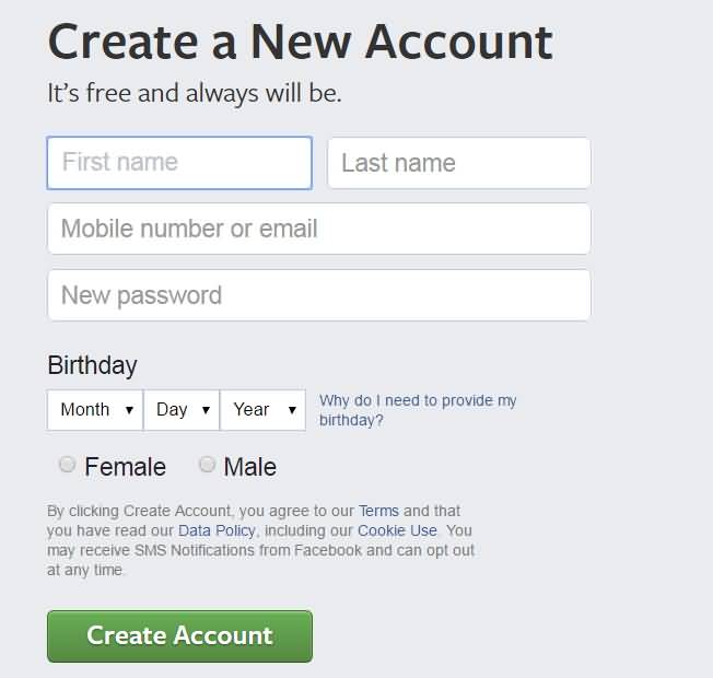 facebook create account