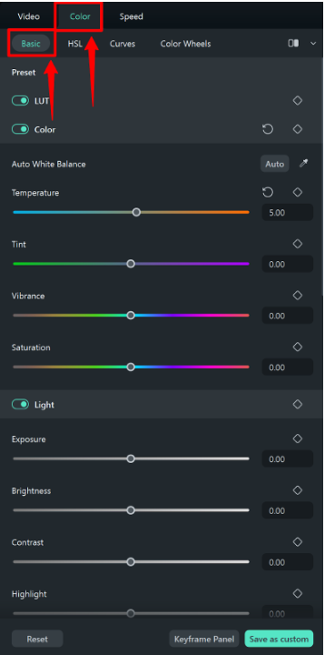 filmora video color setting