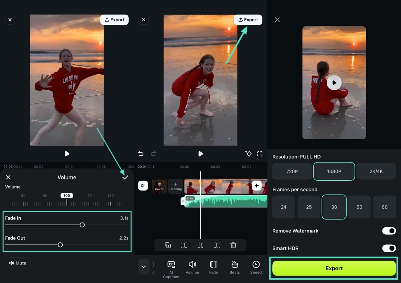 adjust fade sliders and export