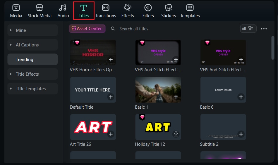 filmora title selection